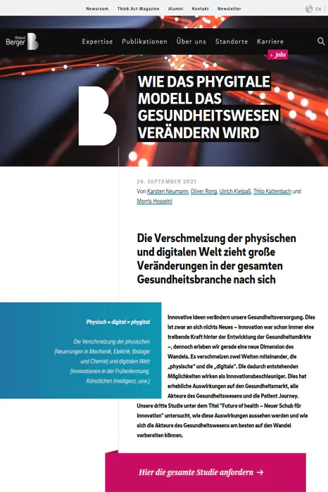 Studienreport Roland Berger: Future of Health. Thema: Verschmelzung digitale und physische Welt.